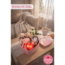 Kesene Sevgililer Günü Özel Romantik Aşk Kutusu Işıklı Kar Küresi 3'lü Peluş Ayıcık ışıklı Kalp hediye Seti