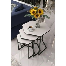 Dzgn Home Vatoz Altıgen Siyah Metal Beyaz Mdf Tablalı 3lü Zigon Sehpa