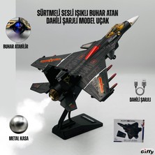 Giffy Oyuncak Model Uçak Dahili Şarjlı Buhar Atabilen Işıklı Sesli Standlı Sürtmeli Savaş Uçağı +Kutu F-16 Hediyelik Model Uçak