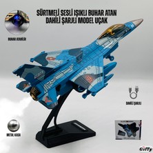 Giffy Oyuncak Model Uçak Dahili Şarjlı Buhar Atabilen Işıklı Sesli Standlı Sürtmeli Savaş Uçağı +Kutu F-16 Hediyelik Model Uçak