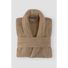 Ellaline Bej Çizgili Bornoz %100 Sertifikalı Pamuk Şal Yaka Unisex Banyo Bornoz / Sabahlık 340 Gr/m2