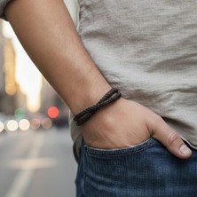 Vaoov Çift Sıra Çapraz Örgü Desenli Siyah ve Kahverengi Hakiki Deri Erkek Bileklik