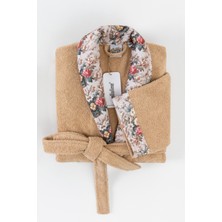 Ellaline Fıore Çiçek Desenli Bornoz %100 Pamuk Sertifikalı, Sabahlık / Banyo Bornozu, 1 Parça, Bej Renk