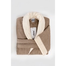 Ellaline Çizgili Bornoz %100 Pamuk Sertifikalı,1 Parça Kontrast Şalyaka Bornoz / Sabahlık Bej Renk