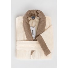 Ellaline Çizgili Bornoz %100 Pamuk Sertifikalı,1 Parça Kontrast Şalyaka Bornoz / Sabahlık Krem Renk