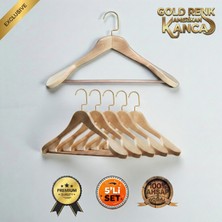 Faravis Atelier 5'li Lüks Ahşap Askı Seti Naturel Gold Amerikan Kancalı Kalın Omuzlu Ceket Takım Gömlek ve Pantolon Askısı