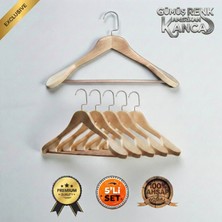 Faravis Atelier 5'li Lüks Ahşap Askı Seti Naturel Gümüş Amerikan Kancalı Kalın Omuzlu Ceket Takım Gömlek ve Pantolon Askısı