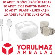 Yorulmaz Ambalaj 10 Kişilik Kullan At Toplu Yemek Seti 3 Gözlü Köpük Tabak, Çatal, Kaşık, Karton Bardak