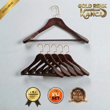 Faravis Atelier 5'li Lüks Ahşap Askı Seti Ceviz Gümüş Amerikan Kancalı Kalın Omuzlu Ceket Takım Gömlek ve Pantolon Askısı