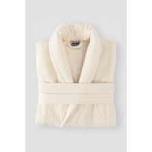 Ellaline Çizgili Bornoz %100 Sertifikalı Pamuk Şal Yaka Unisex Banyo Bornoz / Sabahlık 340 Gr/m2 Krem Renk