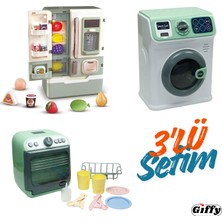 Giffy 3’lü Evcilik ve Mutfak Oyun Seti | Buhar Atan Oyuncak Buzdolabı + Sesli Işıklı Bulaşık & Dokunmatik Çamaşır Makinesi | Eğitici, Led’li, Pilli