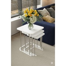 Dzgn Home Sumire 3'lü Metal Gümüş Beyaz Mdf Kare Zigon Sehpa Takımı Orta Sehpa Yan Sehpa