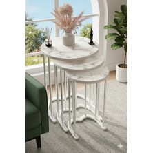 Dzgn Home Gümüş Beyaz Mermer Mdf 3 Lü Yuvarlak Zigon Sehpa