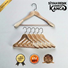 Faravis Atelier 5'li Lüks Ahşap Askı Seti Naturel Siyah Amerikan Kancalı Kalın Omuzlu Ceket Takım Gömlek ve Pantolon Askısı