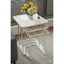 Dzgn Home Raisu 3'lü Metal Gümüş Beyaz Mermer Mdf Kare Zigon Sehpa Takımı Orta Sehpa Yan Sehpa