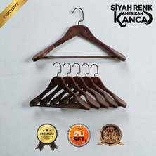 Faravis Atelier 5'li Lüks Ahşap Askı Seti Ceviz Siyah Amerikan Kancalı Kalın Omuzlu Ceket Takım Gömlek ve Pantolon Askısı