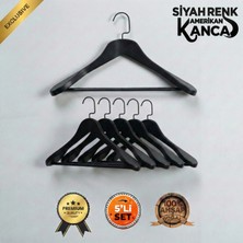 Faravis Atelier 5'li Lüks Ahşap Askı Seti Siyah Siyah Amerikan Kancalı Kalın Omuzlu Ceket Takım Gömlek ve Pantolon Askısı