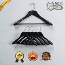 Faravis Atelier 5'li Lüks Ahşap Askı Seti Siyah Gümüş Amerikan Kancalı Kalın Omuzlu Ceket Takım Gömlek ve Pantolon Askısı