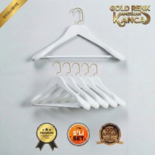 Faravis Atelier 5'li Lüks Ahşap Askı Seti Beyaz Gold Amerikan Kancalı Kalın Omuzlu Ceket Takım Gömlek ve Pantolon Askısı