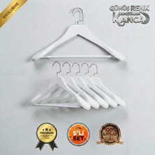 Faravis Atelier 5'li Lüks Ahşap Askı Seti Beyaz Gümüş Amerikan Kancalı Kalın Omuzlu Ceket Takım Gömlek ve Pantolon Askısı