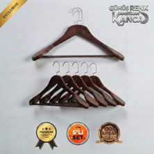 Faravis Atelier 5'li Lüks Ahşap Askı Seti Ceviz Gümüş Amerikan Kancalı Kalın Omuzlu Ceket Takım Gömlek ve Pantolon Askısı
