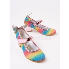 Kız Çocuk Gökkuşağı Kelebekli Topuklu Abiye Ayakkabı