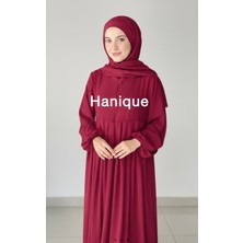 Hanique Bordo Ayrobin Tesettür Elbise – Hac Umre  / Fermuarlı, Piliseli, Balon Kol, Standart Beden