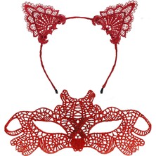 Pusat Ateş Kırmızısı Dantel Taç ve Maske Seti 10 No - Maskeli Balo  Özel Gün Seti - Lisinya