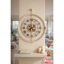 Vivens Compass – Krem/ceviz Çift Çemberli Özel Tasarım Paslanmaz Ultra Sessiz Duvar Saati | 62X55 cm
