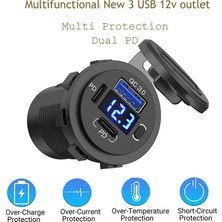 MELLİFERA Bir USB Type-A ve Bir USB Type-C Şarj Cihazı (Voltmetreli - On-Off Anahtarlı - Mavi Işıklı)