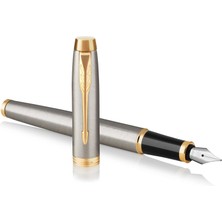 Parker Im Brushed Metal Altın Tasarımlı Dolma Kalem, Orta Kalınlıkta Uç, Mavi Mürekkep (1931656)