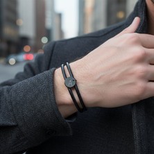 Vaoov Kişiye Özel Harf Plakalı Çift Sıra Hakiki Siyah Deri Erkek Bileklik