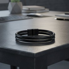 Vaoov Çift Sıra Siyah Deri Erkek Bileklik