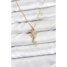 Pazarcan 316L Çelik Zincir Gold Renk Deniz Atı Model Zirkon Taşlı Kadın Kolye - TJ-BKO10895