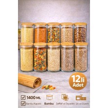 Berdina Home 12'li Vakumlu Bambu Kapaklı Cam Kavanoz 1400ML Baharatlık Bakliyat Gıda Saklama Kabı Organizer