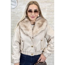 Muna Boutique Ithal Yakası Kürklü Bej Kadın Mont