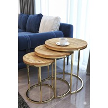 Dzgn Home Gohan 3'lü Metal Parlak Gold Ayak Antik Çam Tabla Ahşap Yuvarlak Zigon Sehpa Takımı Orta Salon Sehpa