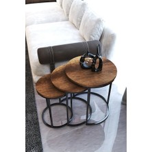 Dzgn Home Sumato 3'lü Metal Siyah Ceviz Ahşap Yuvarlak Zigon Sehpa Takımı Orta Sehpa Yan Sehpa