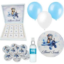 Mutlu Adım Bebek Doğum Hediyelik Süsleme Seti Çikolata Ahşap Magnet - Kapı Süsü - Kolonya - Balon Mod.6