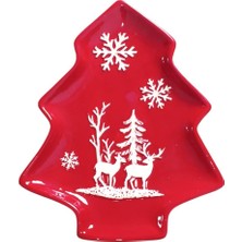 Mutlu Adım 1 Adet 24X17CM Seramik Çam Ağacı Tabak Yılbaşı Kırmızı Desenli