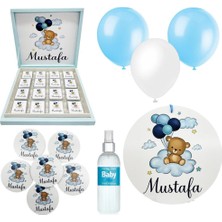 Mutlu Adım Bebek Doğum Hediyelik Süsleme Seti Çikolata Ahşap Magnet - Kapı Süsü - Kolonya - Balon Mod.10