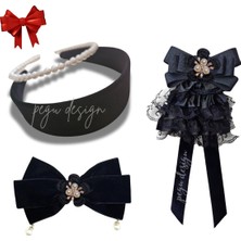 Pegu 4 Lü Set Incili Taç,kadife Taç,çiçekli Yaka Broş,kadife Otomatik Toka,sevgililer Günü Hediye