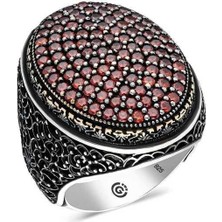 Inure Jewelry Gümüş Kırmızı Zirkon Taşlı Oval Erkek Yüzük