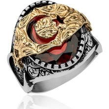 Inure Jewelry Gümüş Kırmızı Fasetli Taşlı Ay Yıldız Erkek Yüzük