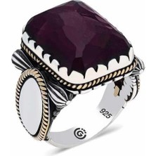 Inure Jewelry ​Gümüş Bordo Taşlı Köşeli Erkek Yüzük