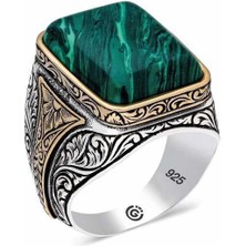 Inure Jewelry Gümüş Çizgili Malahit Taşlı Kare Erkek Yüzük