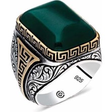 Inure Jewelry ​gümüş Yeşil Akik Taşlı Köşeli Erkek Yüzük