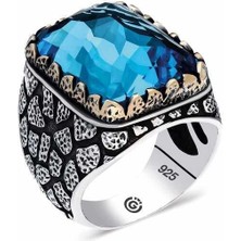 Inure Jewelry Gümüş Desenli Zirkon Mavi Taşlı Kare Erkek Yüzük