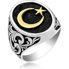 Inure Jewelry Gümüş Yanları Desenli Ay Yıldız Erkek Yüzük