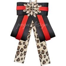 Pegu Kırmızı Şeritli Siyah Saten Kadın Broş,yaka Iğnesi ,papyon/kravat